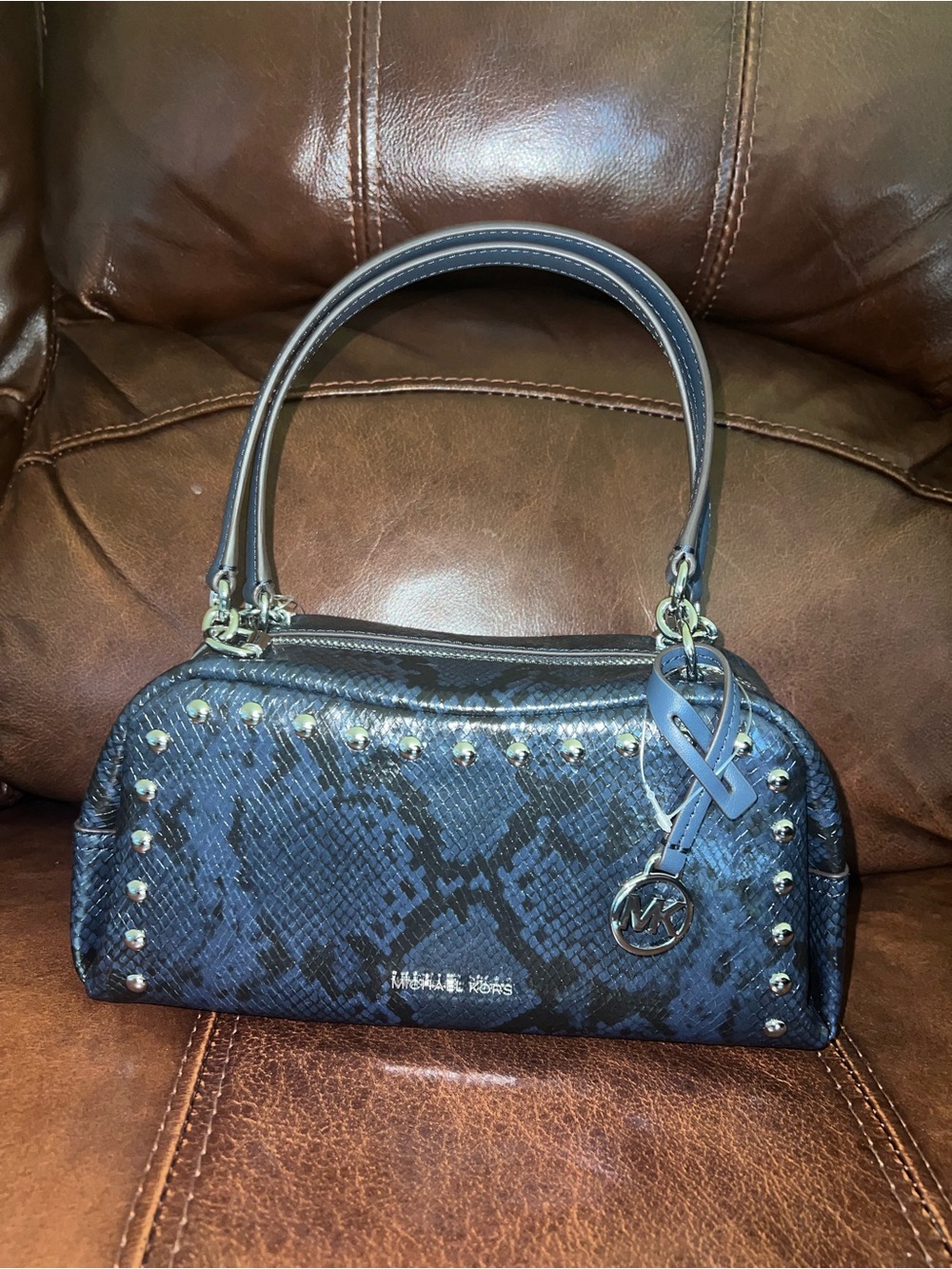 Cecily Small Studded Snake Embossed Shoulder Bag Michale Kors